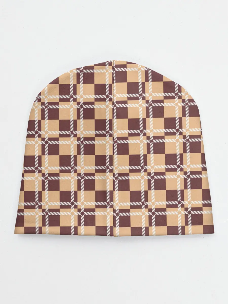 Детская шапка / Коричневые и бежевые квадраты с линями