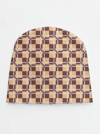 Детская шапка / Коричневые и бежевые квадраты с линями