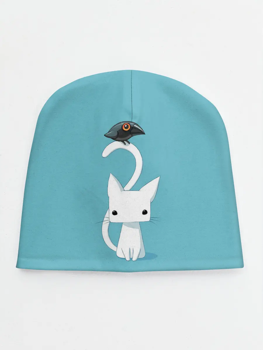 Детская шапка / Белый котик и воробушек