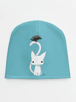 Детская шапка / Белый котик и воробушек