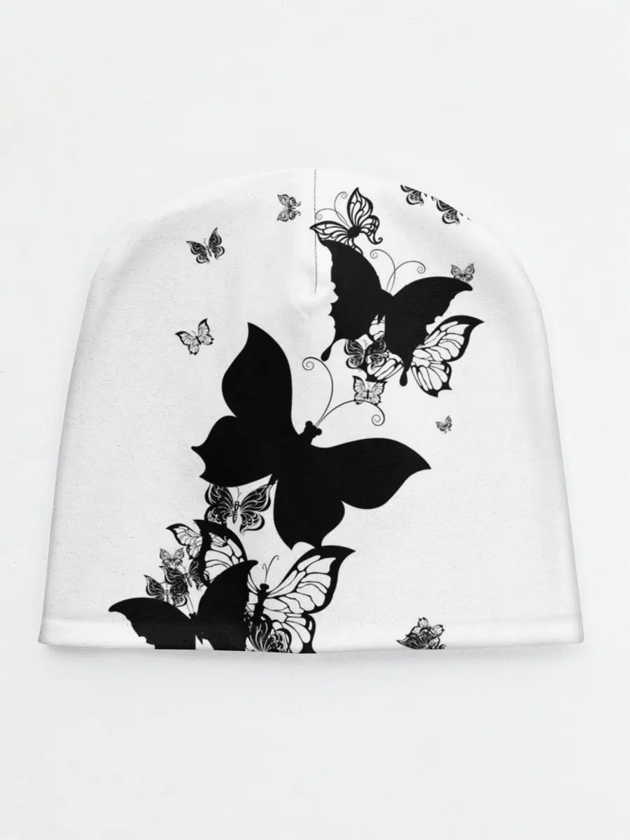 Детская шапка / Черные бабочки на белом