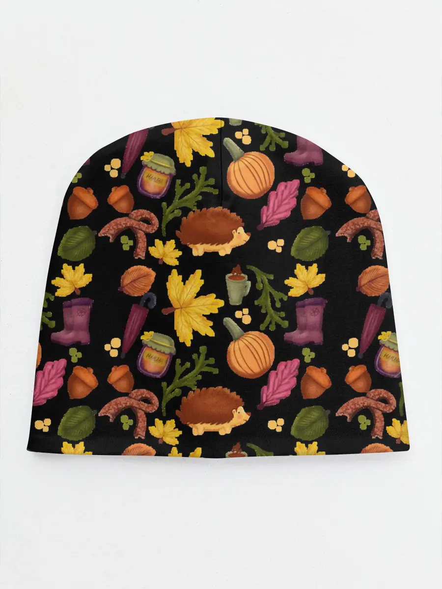 Детская шапка / Уют, ежи, листья и банка варенья