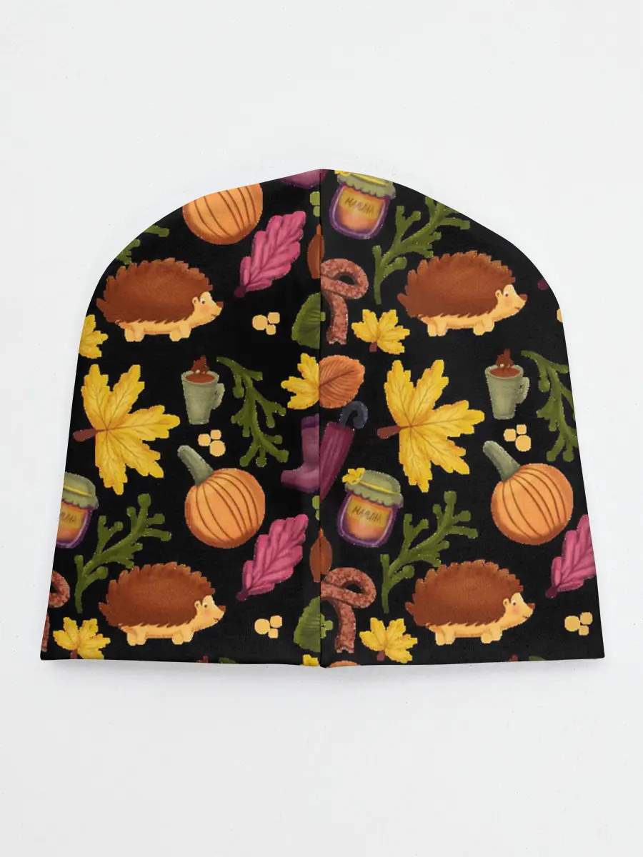 Детская шапка / Уют, ежи, листья и банка варенья
