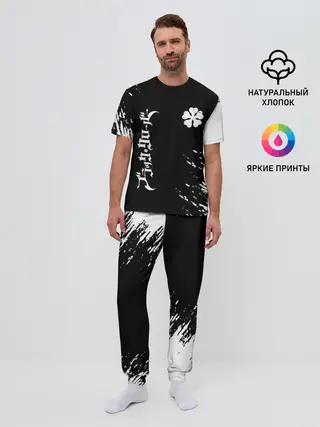 Мужская пижама с брюками / Белый логотип Черный клевер на черном