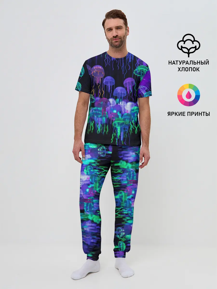 Мужская пижама с брюками / Неоновые медузы