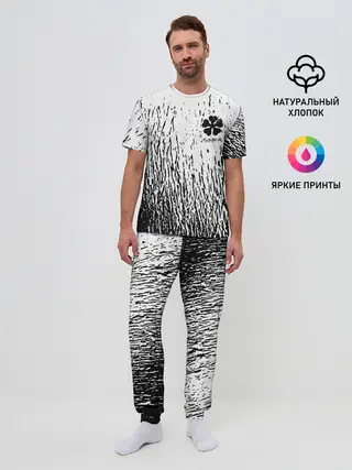 Мужская пижама с брюками / Черный клевер на едко белом фоне