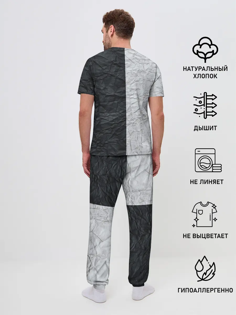 Мужская пижама с брюками / Мятая Черно-Белая Бумага