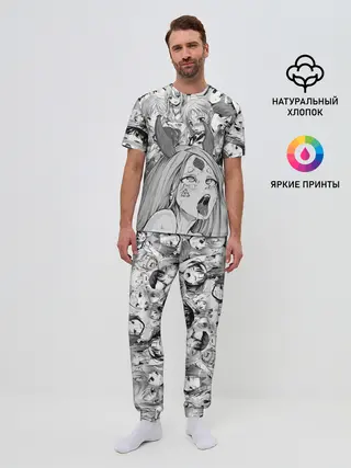 Мужская пижама с брюками / KAGUYA AHEGAO чернобелое / КАГУЯ АХЕГАО