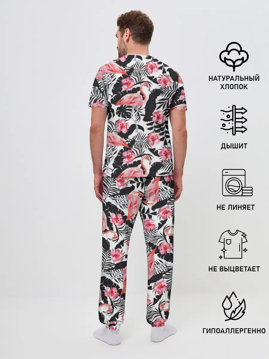Мужская пижама с брюками / фламинго и попугаи