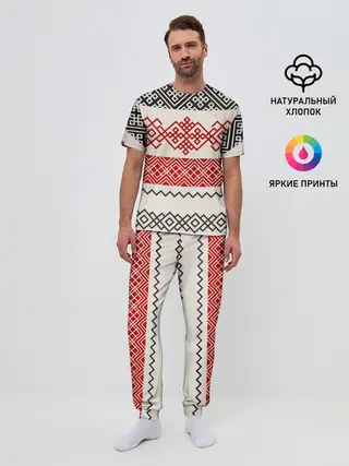 Мужская пижама с брюками / Славянский узор красно-черный