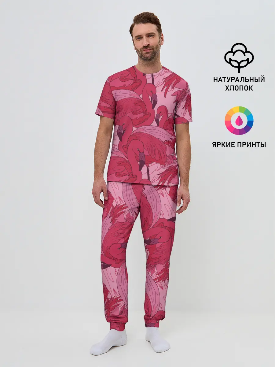 Мужская пижама с брюками / розовые фламинго