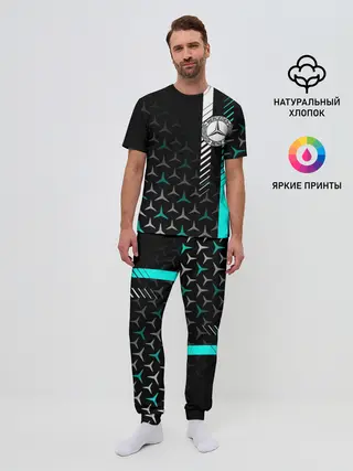 Мужская пижама с брюками / МЕРСЕДЕС / AQUA BLACK GRADIENT
