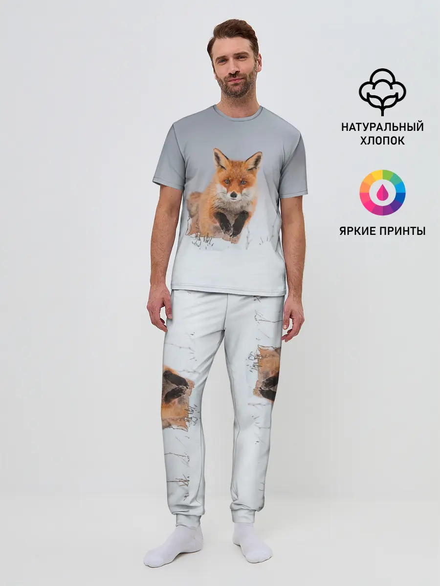 Мужская пижама с брюками / Лисица прыгает по снегу