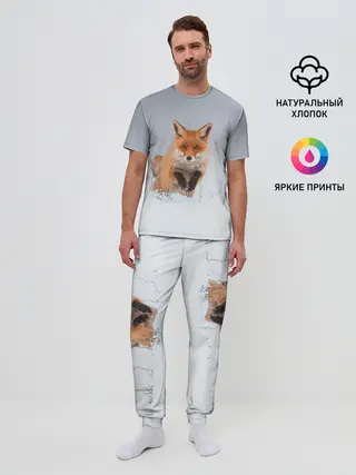 Мужская пижама с брюками / Лисица прыгает по снегу