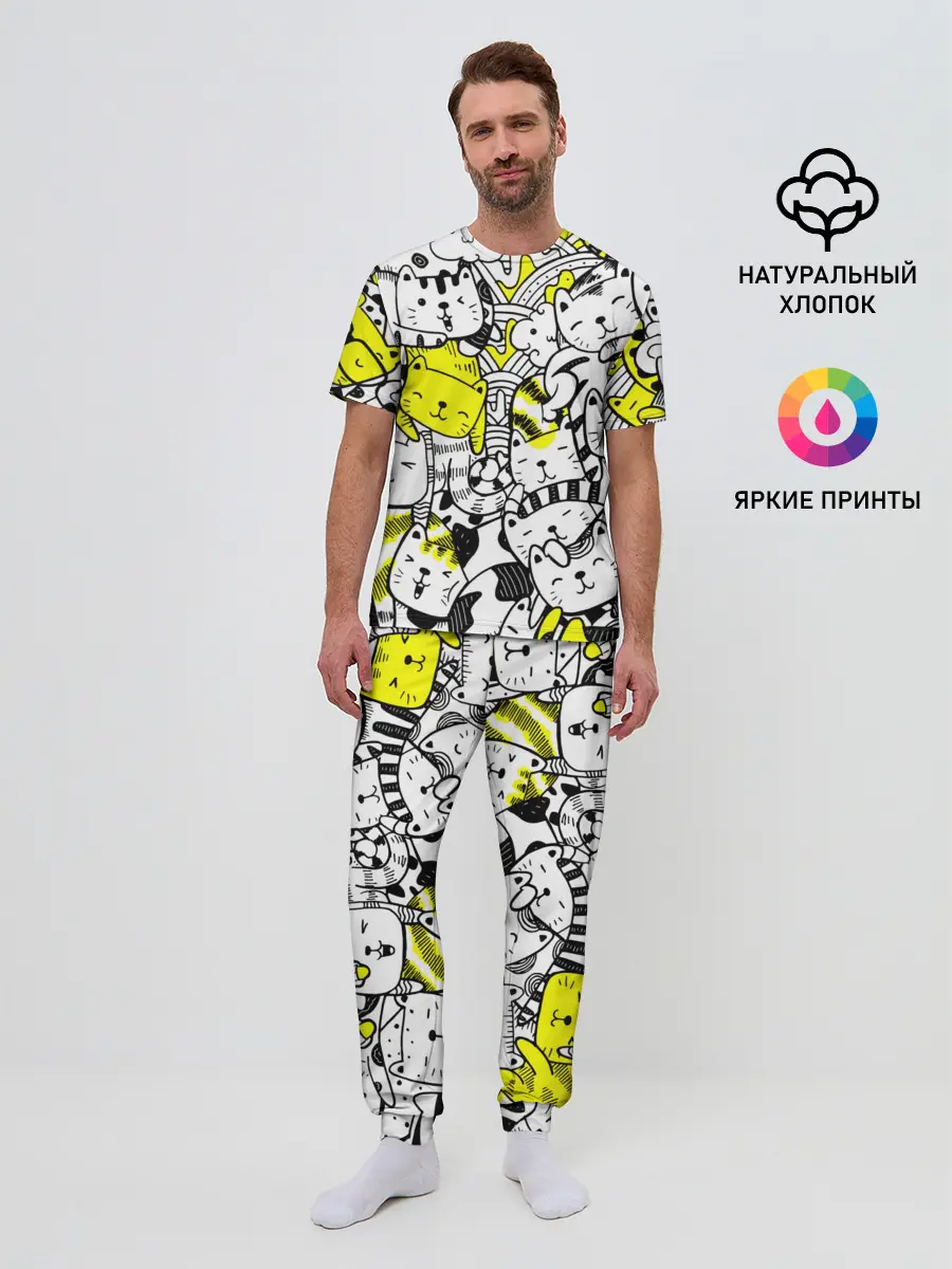 Мужская пижама с брюками / Котики