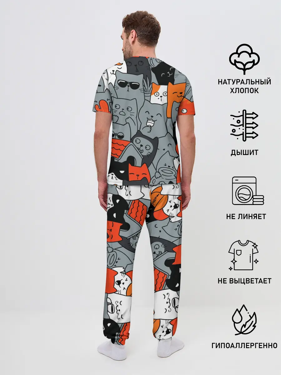 Мужская пижама с брюками / Разноцветные коты