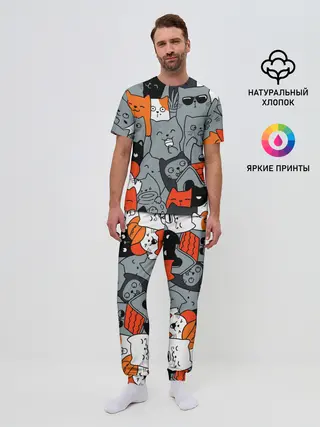 Мужская пижама с брюками / Разноцветные коты