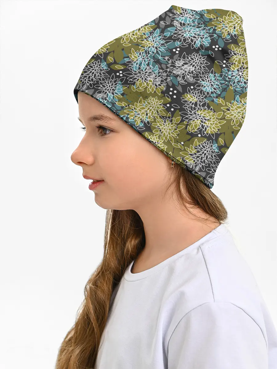 Детская шапка / Черно оливковый цветочный