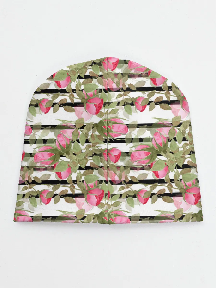 Детская шапка / Акварельные розы на полосатом
