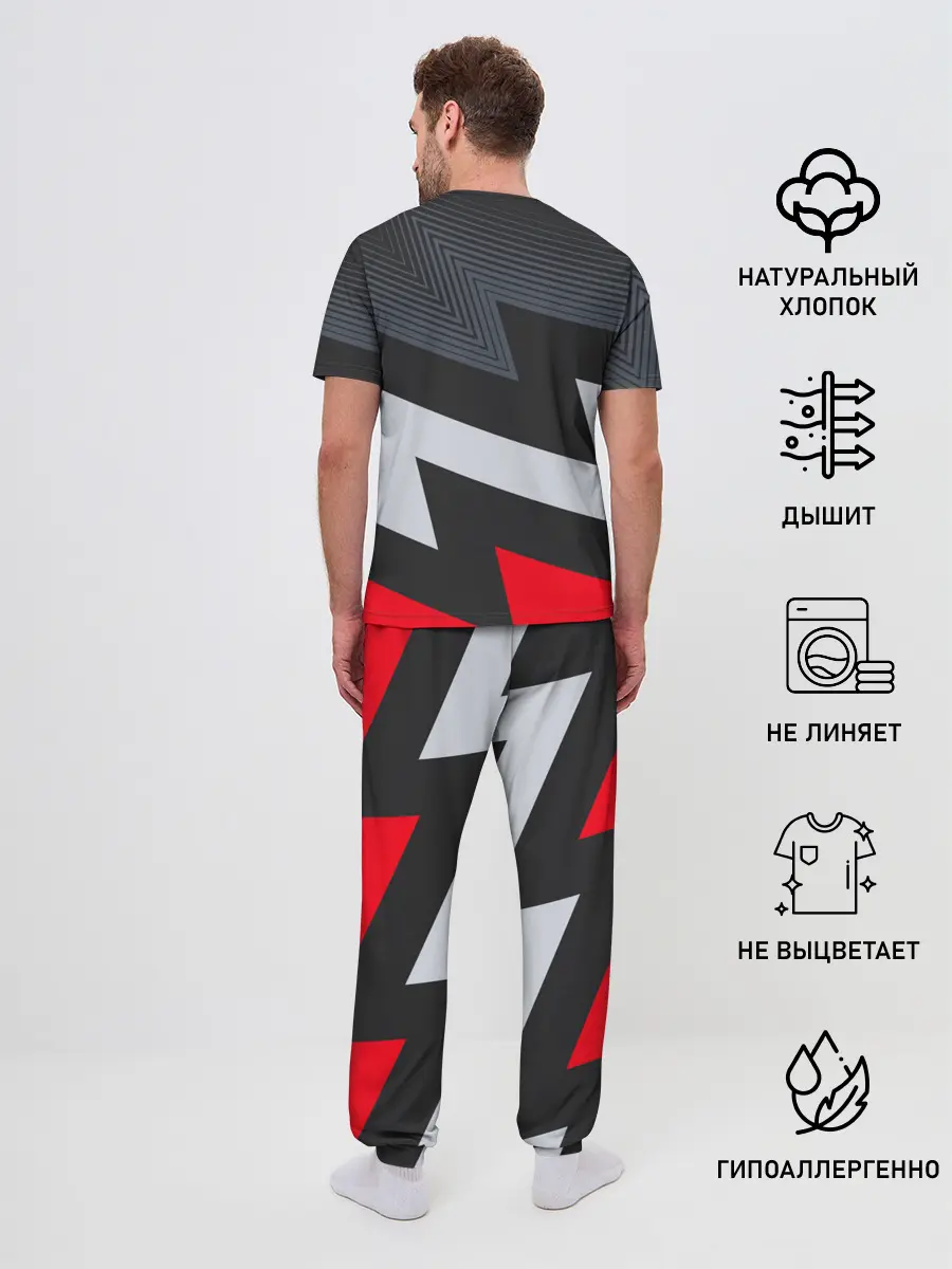 Мужская пижама с брюками / Черно-красные зигзаги