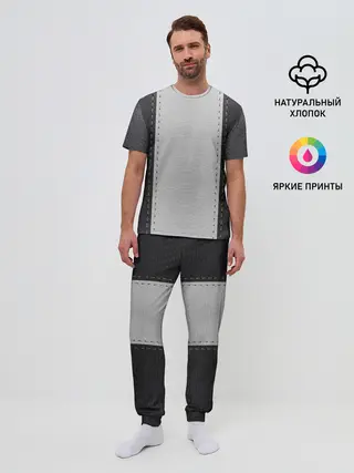 Мужская пижама с брюками / Черно белая кожа