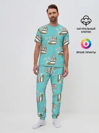Мужская пижама с брюками / Панда на рыбалке