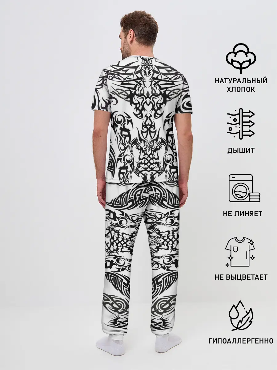 Мужская пижама с брюками / ТАТУ ЧЕРНО БЕЛОЕ УЗОР