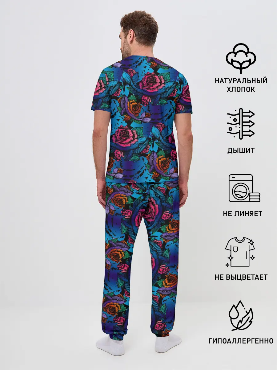 Мужская пижама с брюками / Киты и цветы