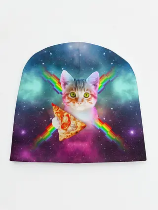 Детская шапка / Кот с радугой и пиццей