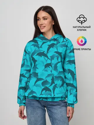 Женское худи / Синий камуфляж с дельфинами