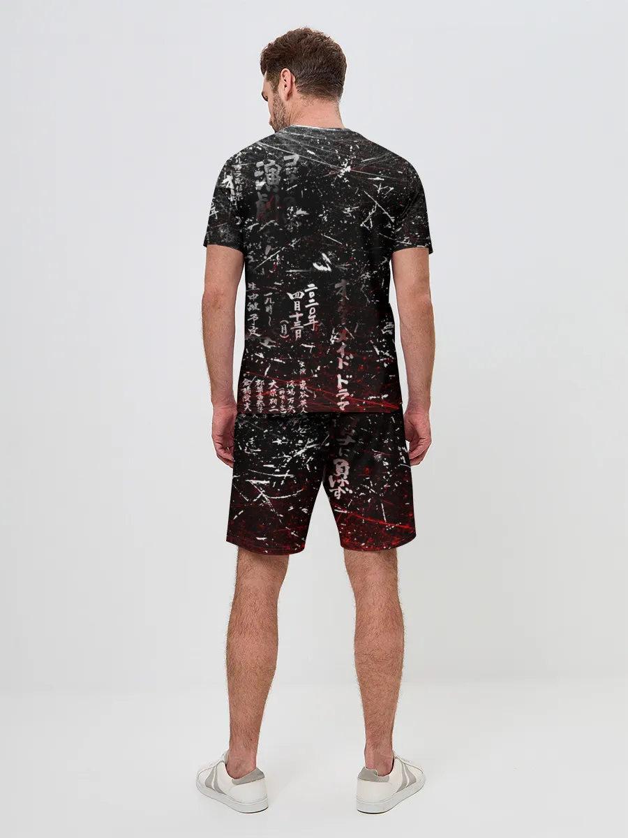 Мужской костюм с шортами / ИТАЧИ УЧИХА ИЕРОГЛИФЫ гранж
