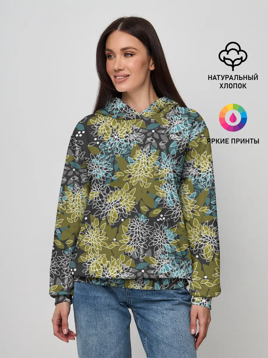 Женское худи / Черно оливковый цветочный