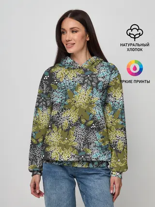Женское худи / Черно оливковый цветочный