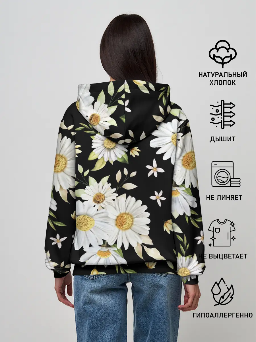 Женское худи / Ромашки на черном фоне