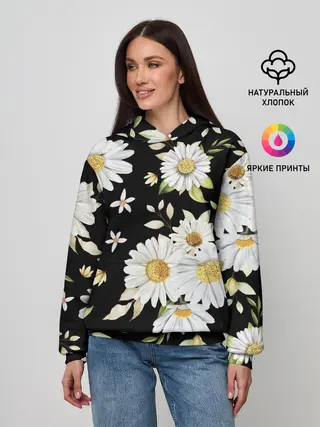 Женское худи / Ромашки на черном фоне