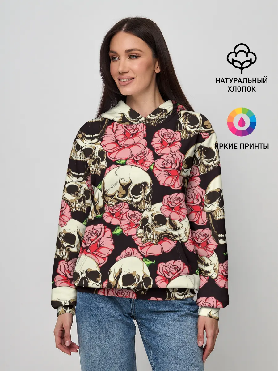 Женское худи / Черепа и цветы