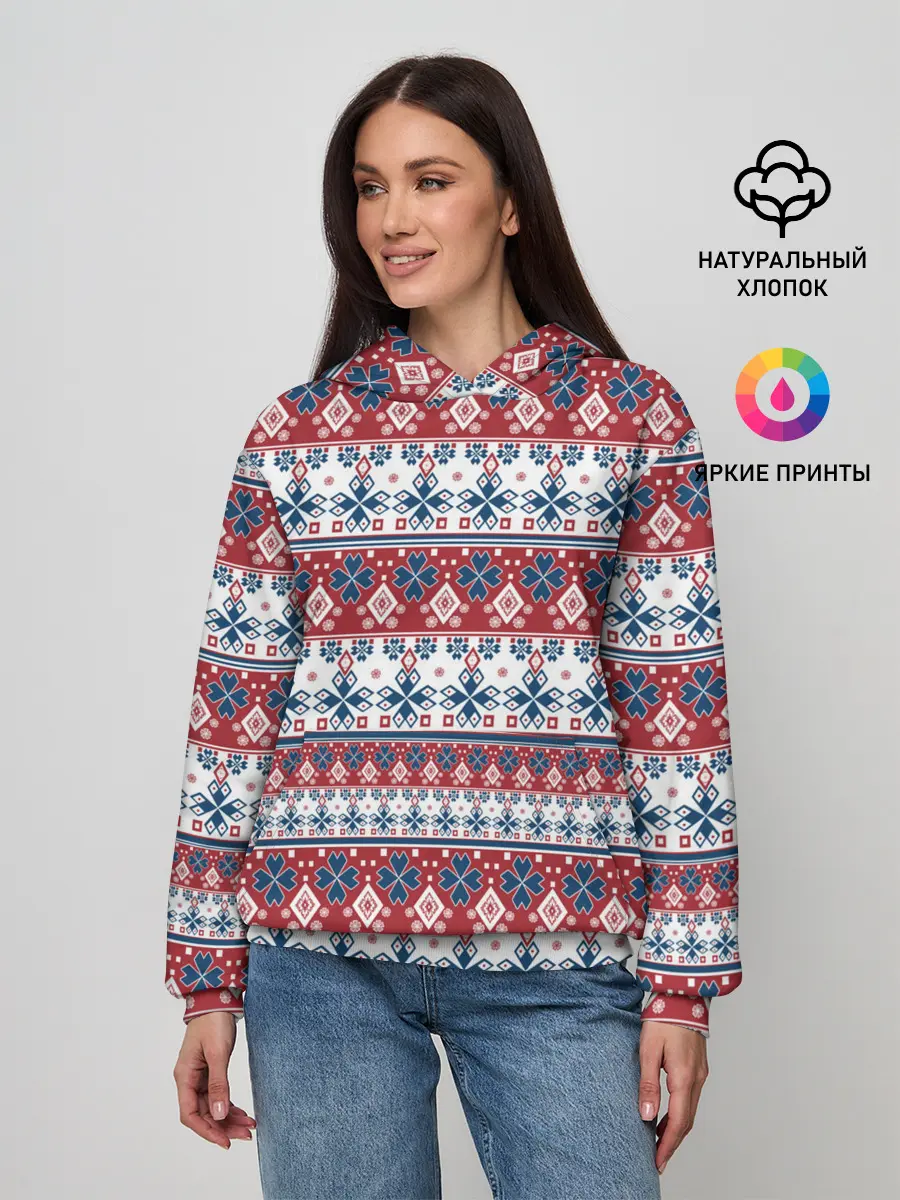 Женское худи / Этнический красно-синий узор