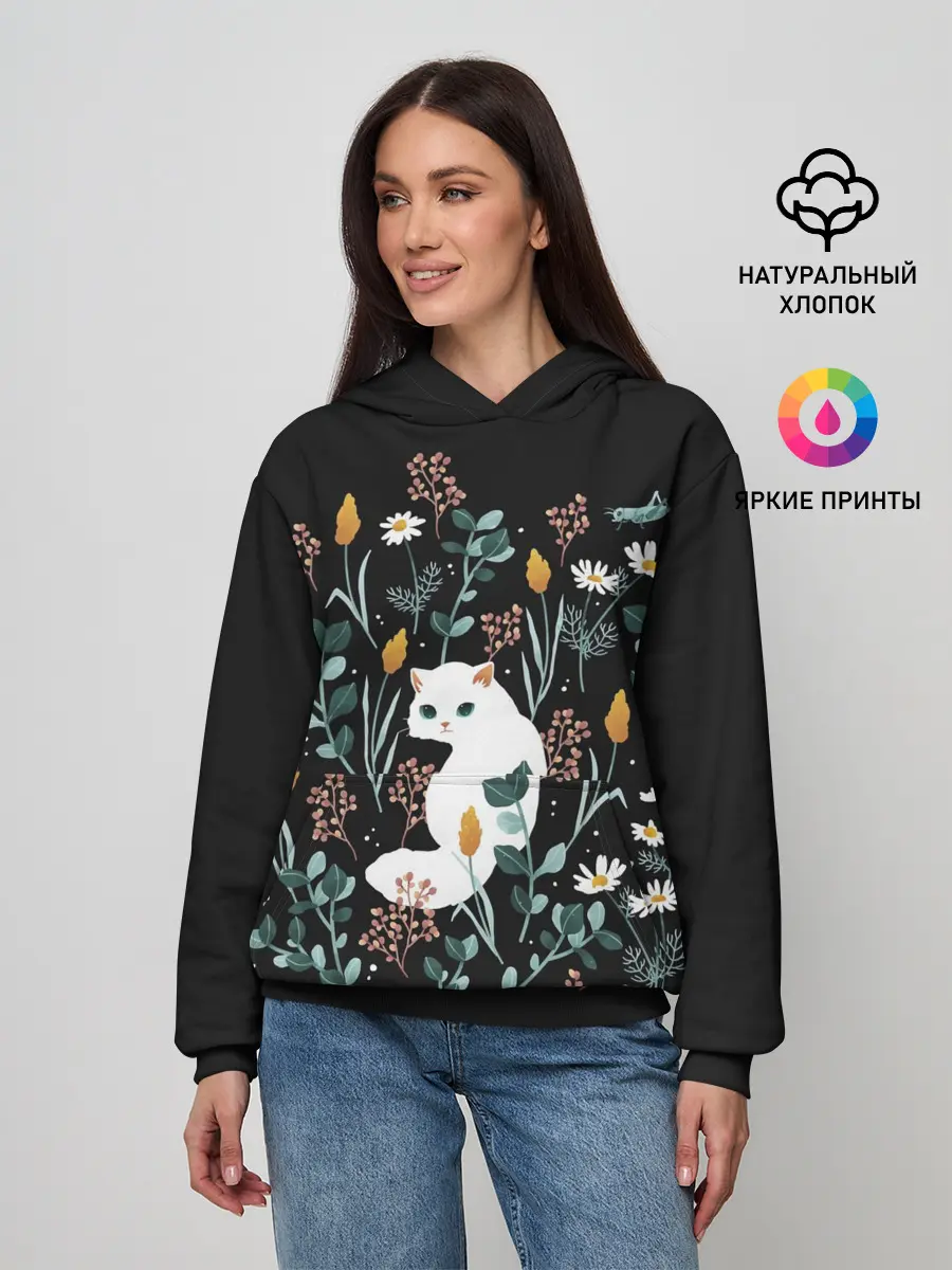 Женское худи / Кошечка среди цветов