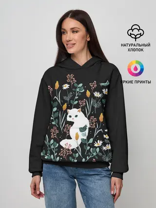 Женское худи / Кошечка среди цветов