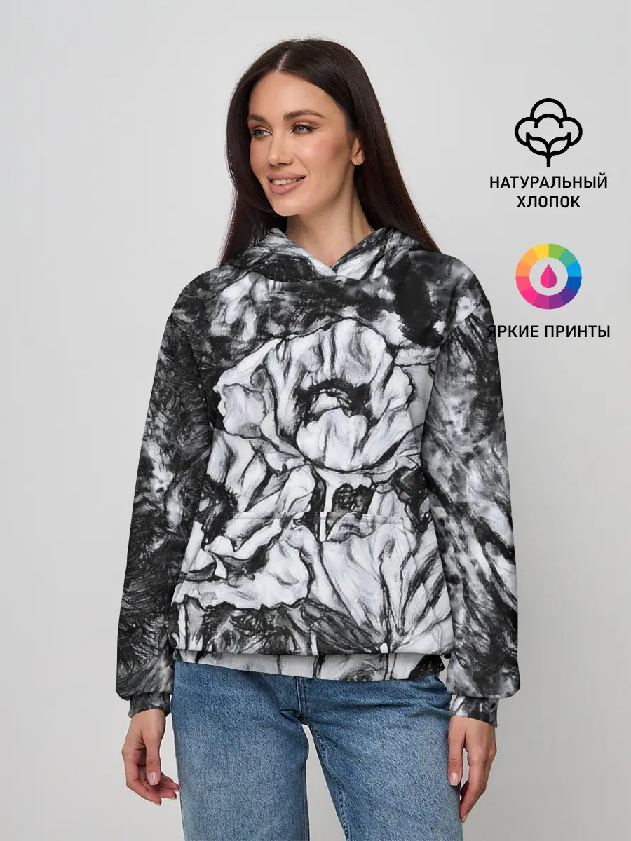 Женское худи / Черно-белый узор. Маки.