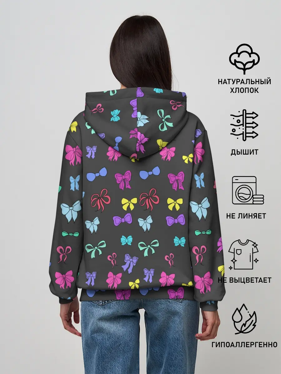 Женское худи / банты радужные на темно-сером