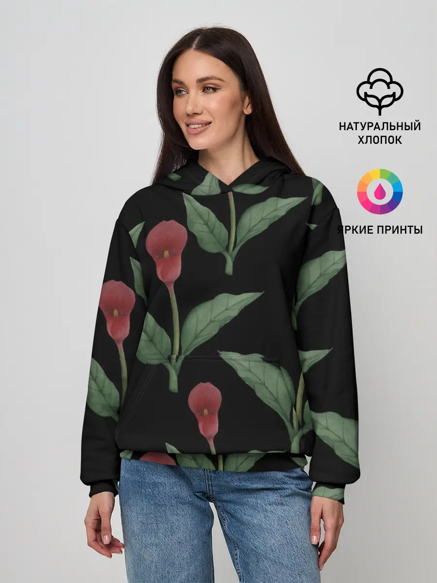 Женское худи / Красные каллы на черном