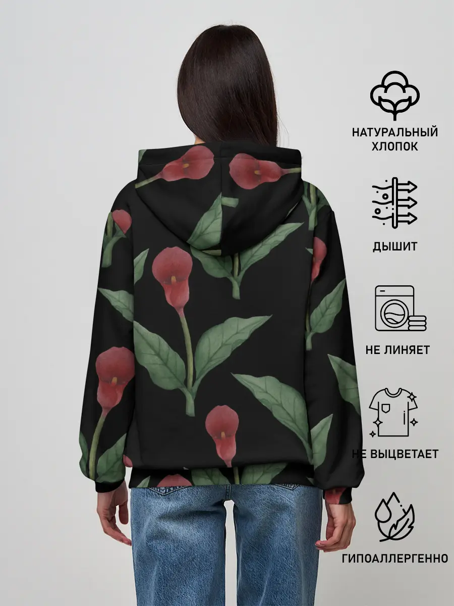 Женское худи / Красные каллы на черном