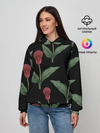 Женское худи / Красные каллы на черном
