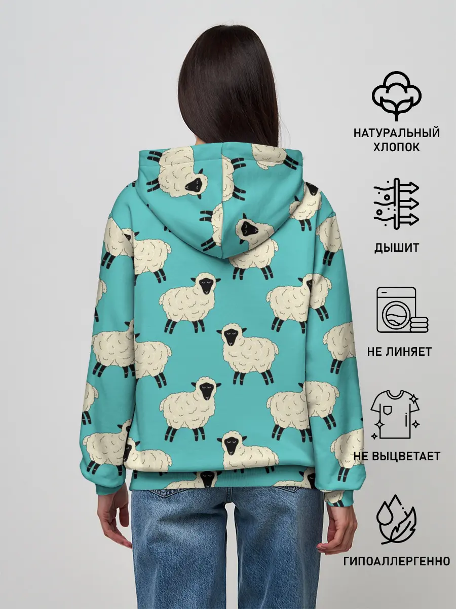 Женское худи / Овечки паттерн на бирюзовом