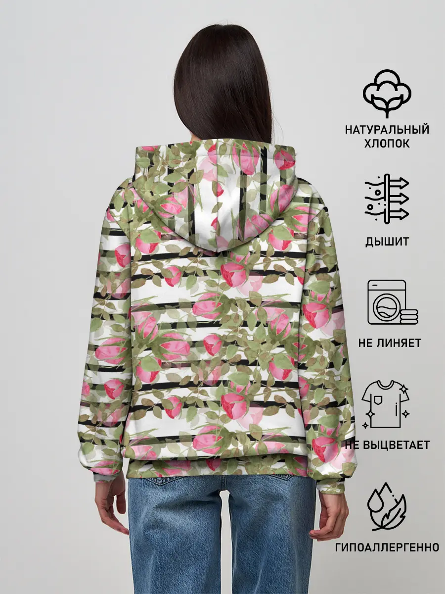 Женское худи / Акварельные розы на полосатом