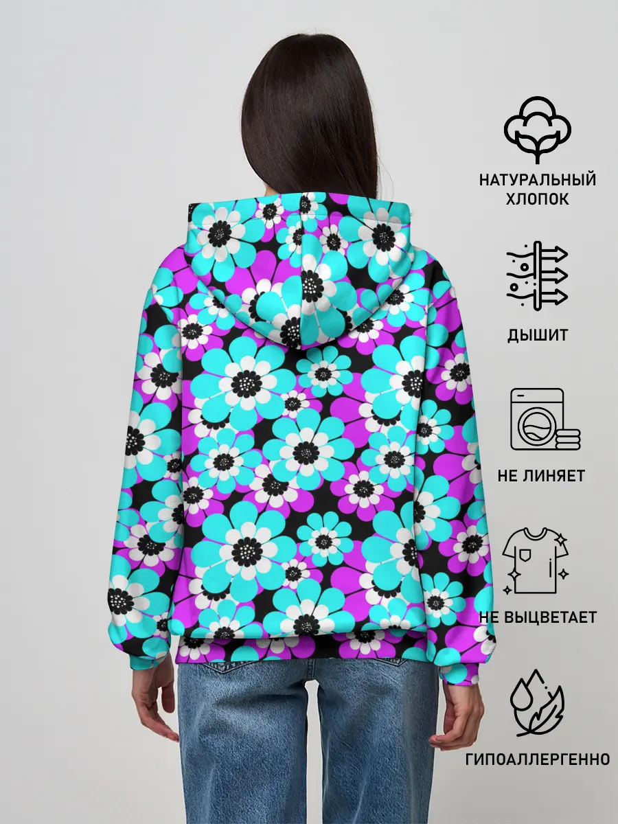Женское худи / Яркие бирюзовые цветы