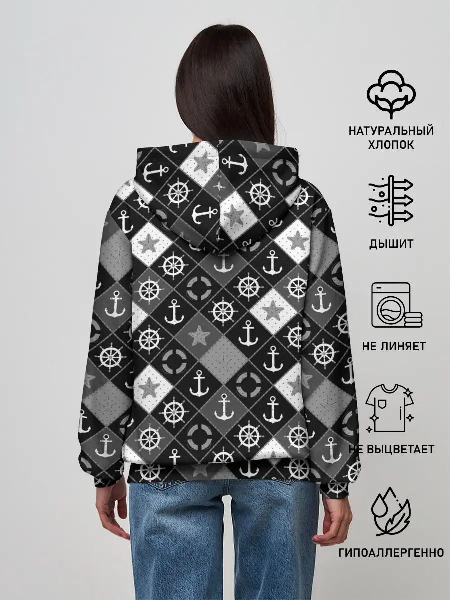 Женское худи / Черно-белый морской плед