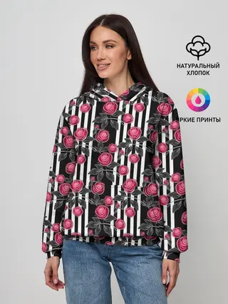 Женское худи / акварельные розы на полосатом