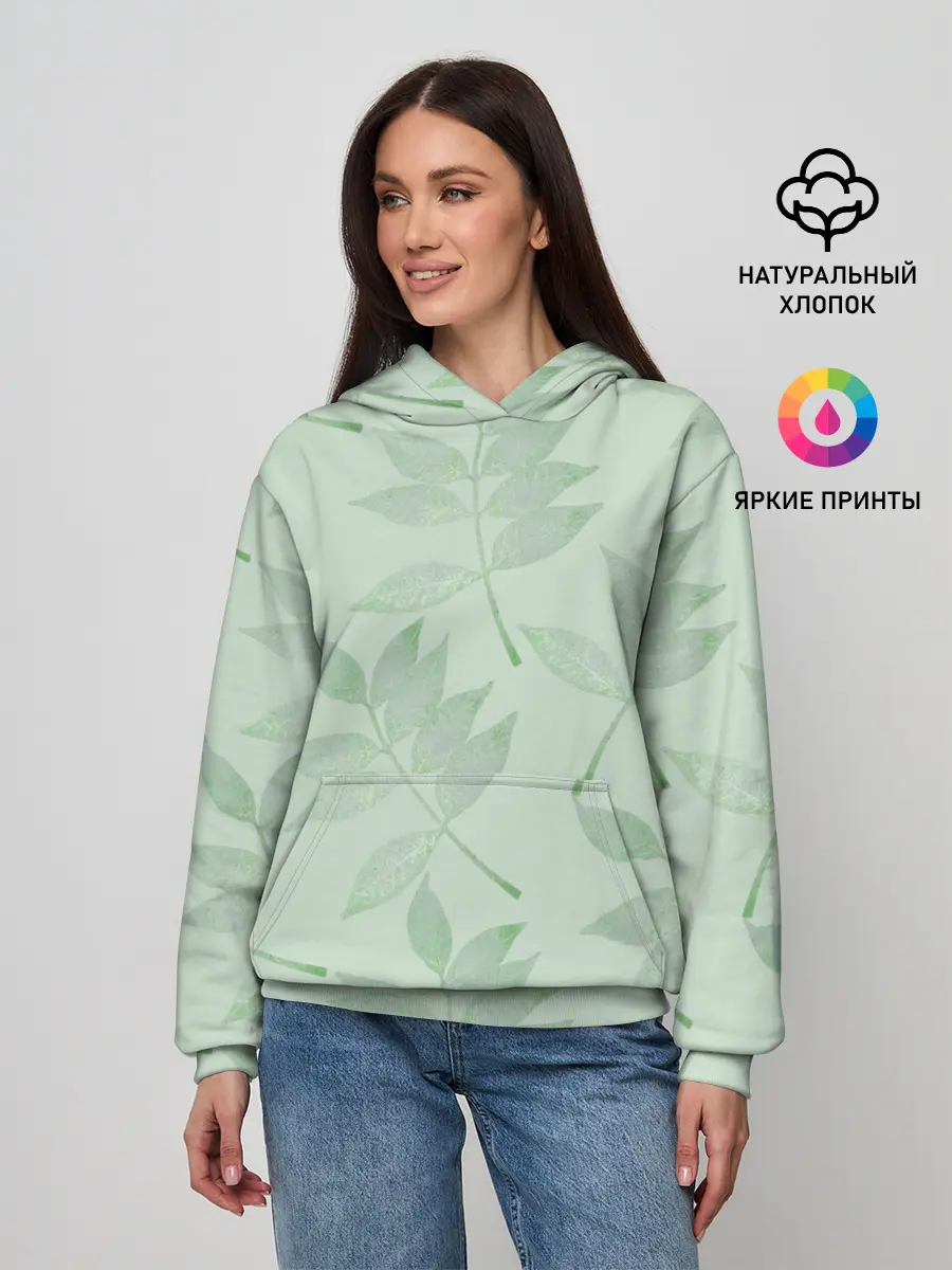 Женское худи / Зеленые листья на светло зеленом